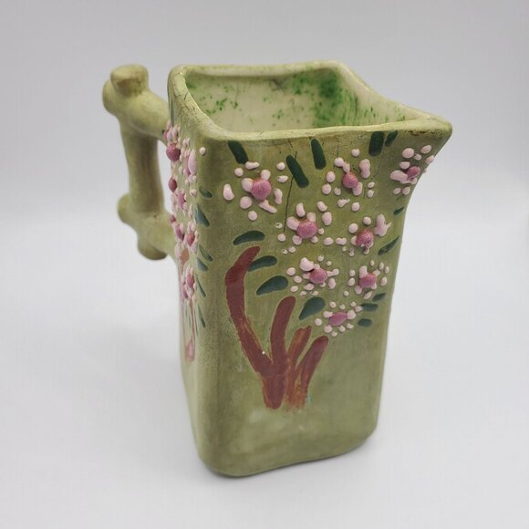 EHL 1960 Art Pottery Vase Planter Ceramic Vessel w/ Handle Green Floral Design - Picture 3 of 15